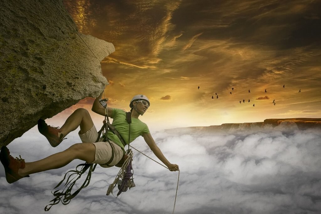 manipulation, climber, mountaineer, mountains, nature, man, robe, clouds, above the clouds, rock, birds, brown rock