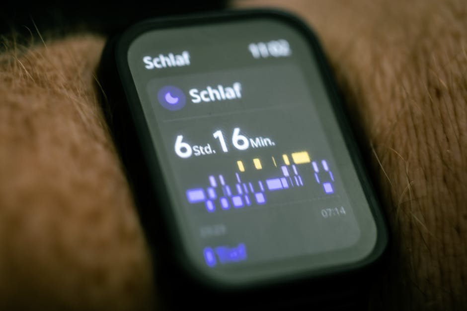 Close-up of a smartwatch displaying sleep tracking data in German.