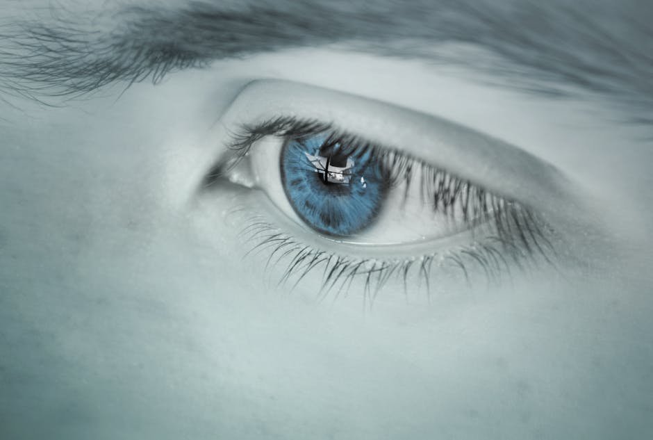 Detailed close-up of a blue eye showing a reflection, emphasizing uniqueness.