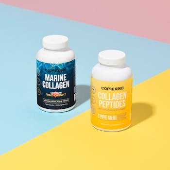 Vibrant product photo of Marine Collagen and Collagen Peptides bottles on a colorful background.