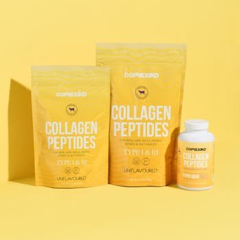 Showcase of Correxiko collagen peptides with vibrant yellow packaging.